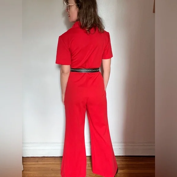 Vibrant Red Jumpsuit with Collared Neckline and Belt - Picture 5 of 5